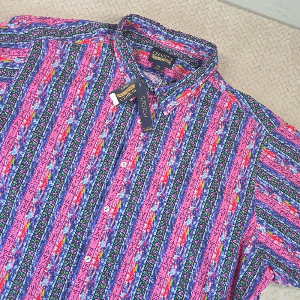Cremieux Premium Denim Mens 4XB Pink Blue Multi Stripe Short Sleeve Shirt NWT